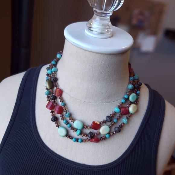 Faux Turquoise 3 Strand Necklace - Picture 1 of 5